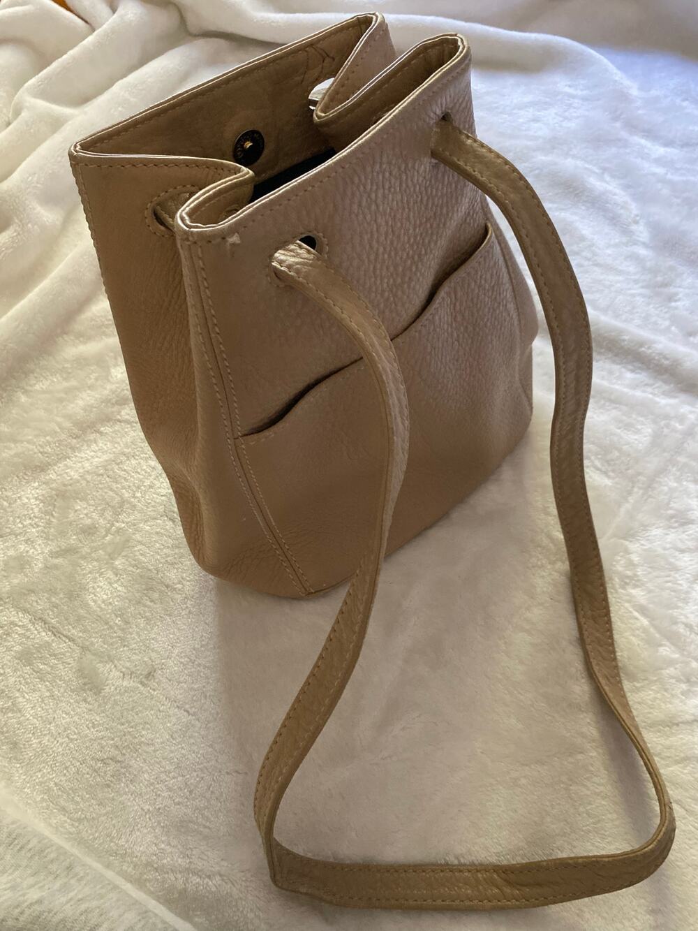 Vintage Coach Leather Sonoma Pull Through Handles Bucket Bag Crossbody GUC Tan